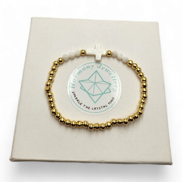 4 mm Golden Hematite,  Mother of Pearl Cross charm bracelet - Picture 2 of 4